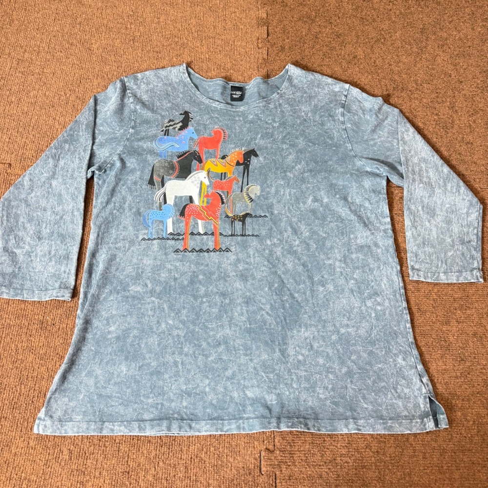 Sabaku Artwear Womens Medium Blue Acid Wash Southwestern Horse Graphic Tee USA